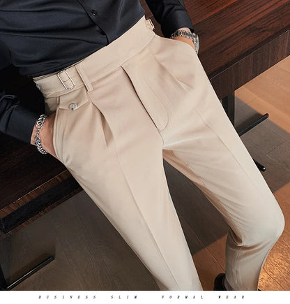 British Style New Solid High Waist Suit Pant Men Business Formal Wear Trousers 2024 High Quality Slim Casual Office Suit Pants