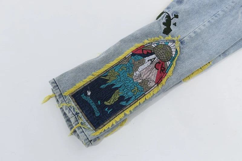 Chinese Painting Embroidered Patch Denim Ripped Jeans for Men Streetwear Washed Destroyed Pleated Straight Jean Male Tassels