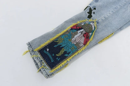 Chinese Painting Embroidered Patch Denim Ripped Jeans for Men Streetwear Washed Destroyed Pleated Straight Jean Male Tassels