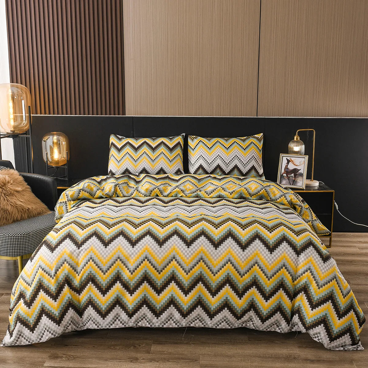 3PCS Geometric Duvet Cover Set Modern Classic Stripe Bedding Set Queen King Size Soft Comforter Cover with Double Sided Pattern