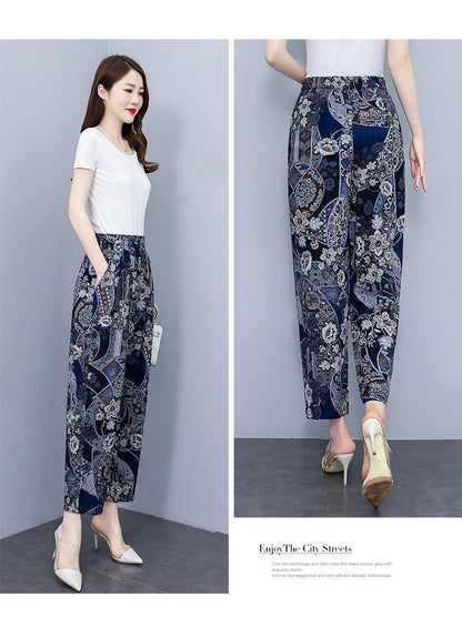 Women Pants High Waist Loose Print Summer Pants for Women Elastic Waist Vintage Clothing