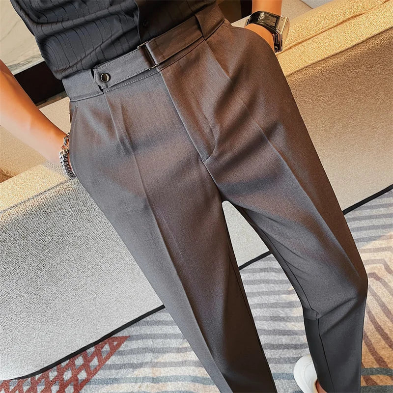 2024 Summer Fashion Belt Design Suit Pant High-waist Solid Color Business Slim Fit Formal Wedding Social Dress Ankle Pants 38-28