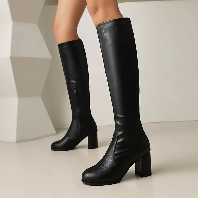 ASILETO Classic Women Knee High Boots Round Toe Block Heels 6.5cm Zipper Large Size 46 47 48 Vintage Daily Lady Riding Booties