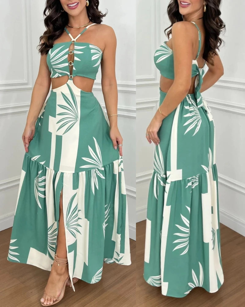 New Fashion 2024 Summer Casual Tropical Print Backless Maxi Dress Sexy Elegant Dresses Women Vacation Female Clothing Outfits