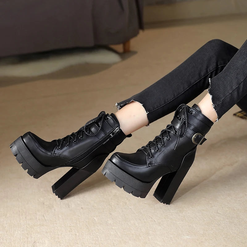 Fashion Platform Women Boots Square High Heel Ankle Boots Lace Up Zipper Motorcycle boots Autumn Winter Plush Ladies Shoes