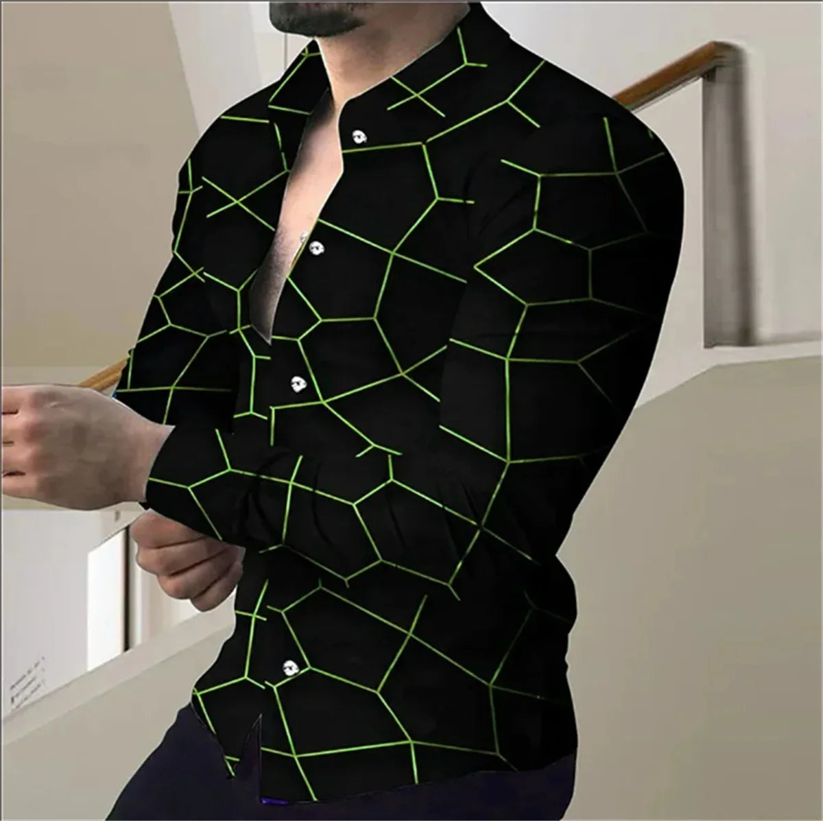 2024 Hot selling Men's Party Shirt Fashionable Luxury Lines High quality Collar Single breasted Long sleeved Shirt