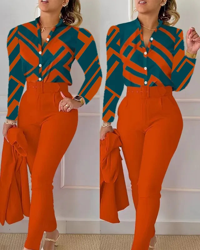 Elegant Women Two Piece Set Suits Fall New Fashion Print Long Sleeve Top Solid Color Pants Set With Belt  Blouses Female Clothes