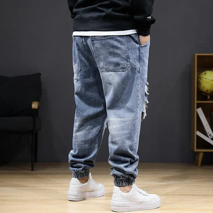 Large size jeans autumn winter section jeans men stretch elastic men high waist plus size hole trousers 8XL 7XL ripped jeans