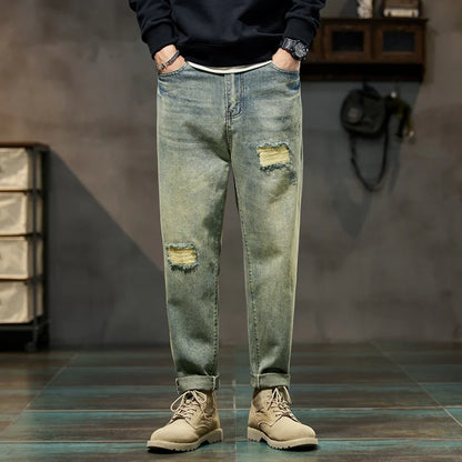 Ripped Jeans Men Loose Fit Retro Blue Baggy Jeans Distressed Hip Hop Denim Pants Streetwear Biker & Moto Patchwork Frayed Jeans