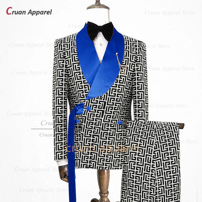 Luxury Men Suit Slim Fit Fashion Designs Plaid Pattern Printing Tuxedos for Men Custom Wedding Party Jacket Pants 2 Pieces Set