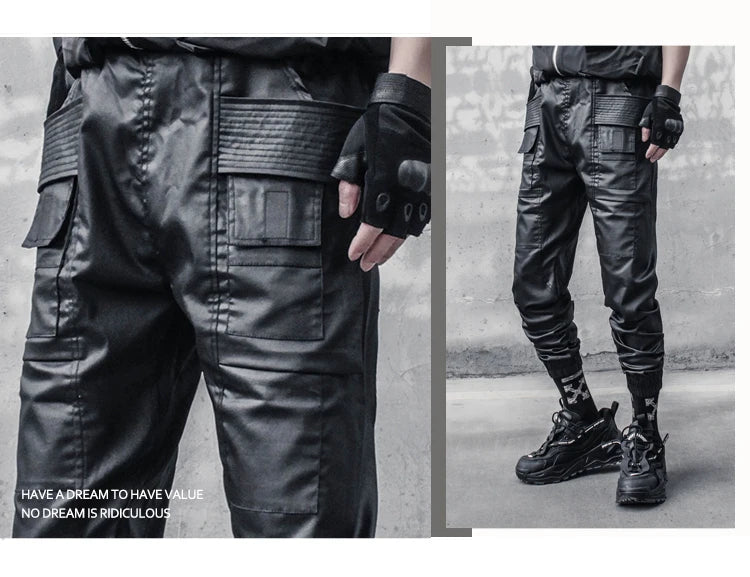 2023 Waxy Coating Punk Hip Hop Cargo Pants Mens Multi-pockets Motorcycle Techwear Functional Joggers Street Casual Trousers