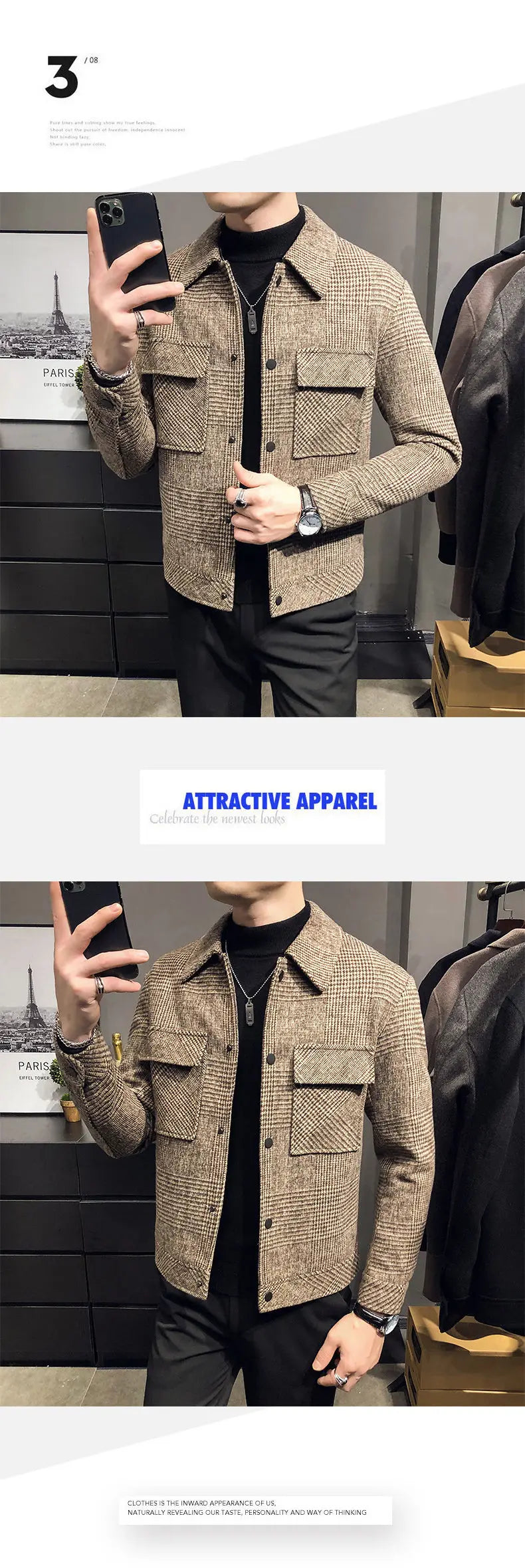 2024Autumn/Winter Men Polo Neck Woolen Jacket Fashion Slim Fit Suit Coat HighQuality Checkered Multi Pocket Korean Casual Jacket