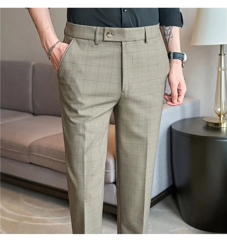 Men Plaid Suit Pants 2024 Autumn Item Solid Casual Dress Pants Elastic Slim Fit Formal Trousers Men Clothing pantalones hombre