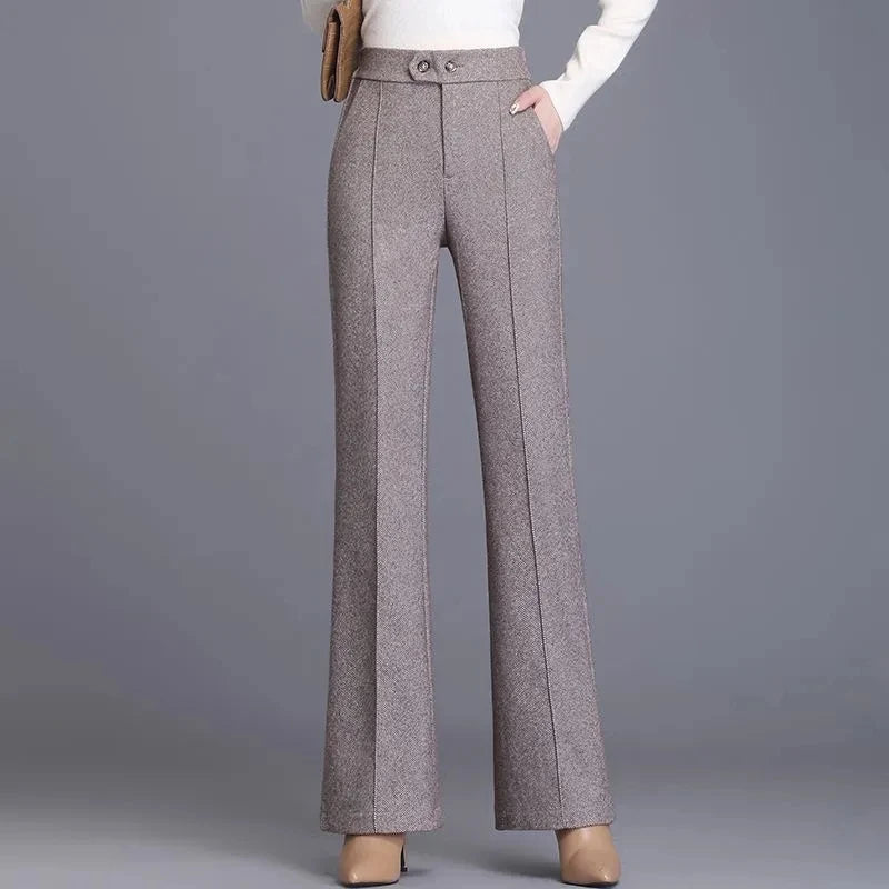 2024 Autumn Winter Women's Woolen Pants New Fashion High Waist Elastic Micro Flare Pants Slim Female Casual Wool Trousers 4XL