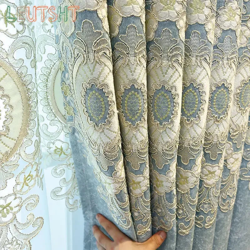 New European Style Simple light blue Thread Embroidered Curtains for Living Room Bedroom Study Blackout Curtain Customization