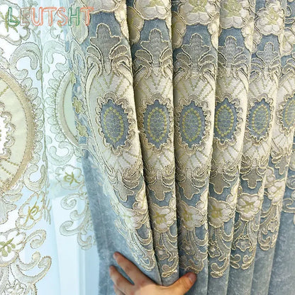 New European Style Simple light blue Thread Embroidered Curtains for Living Room Bedroom Study Blackout Curtain Customization