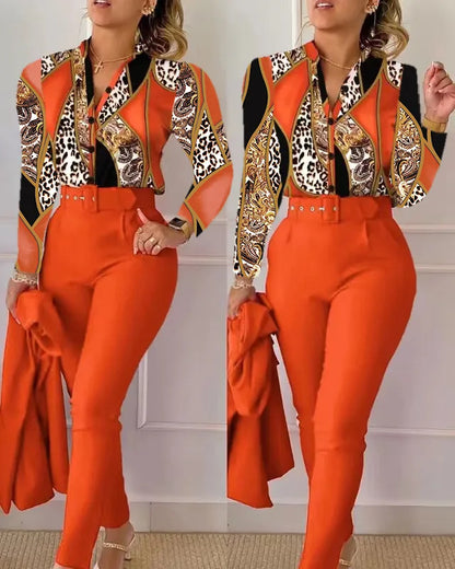 Elegant Women Two Piece Set Suits Fall New Fashion Print Long Sleeve Top Solid Color Pants Set With Belt  Blouses Female Clothes