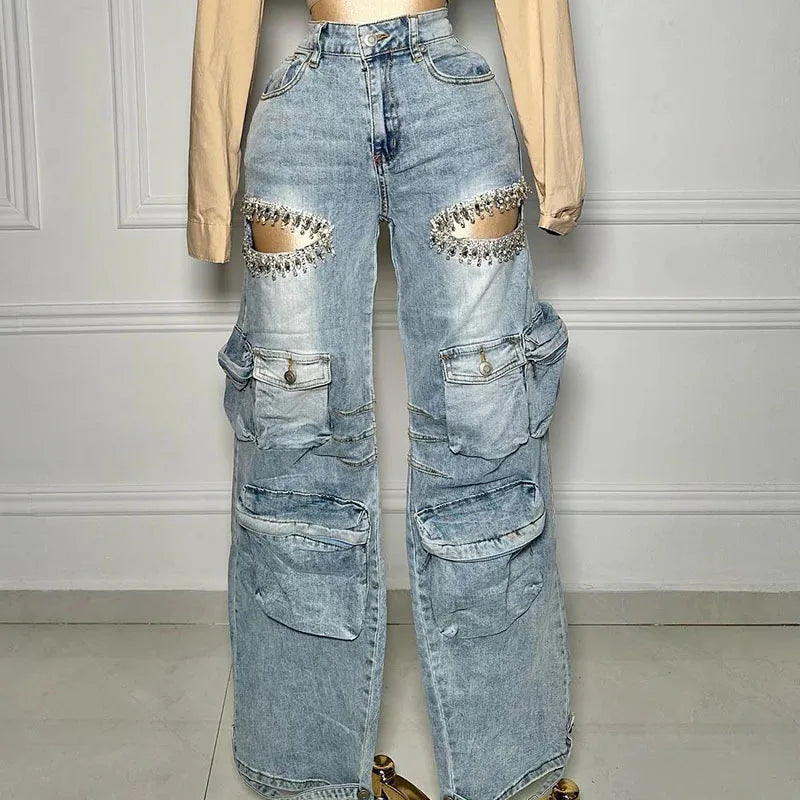 DEAT Fashion Women's Hollowed Out Diamond Denim Cargo Pants High Waist Multiple Pockets Elastic Jeans Female 2024 Autumn New