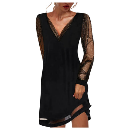 Comfy Dress Women Fashion Dress Solid Lace Splice Long Sleeve Dress Plain Ruffle Loose V-neck Pullover Mini Women Fall Fashion