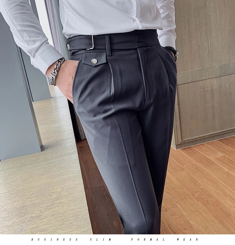 British Style New Solid High Waist Suit Pant Men Business Formal Wear Trousers 2024 High Quality Slim Casual Office Suit Pants