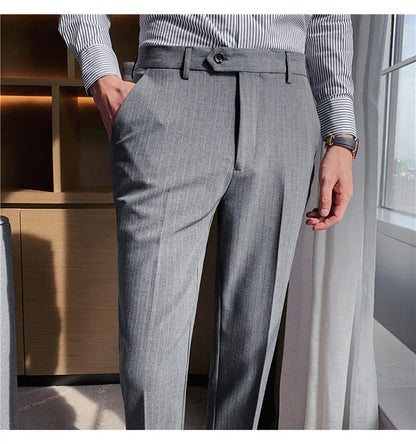 Men Boutique Black Striped Suits Pants Male Formal Wear Wedding Dress Trousers Quality British Style Business Casual Suit Pants