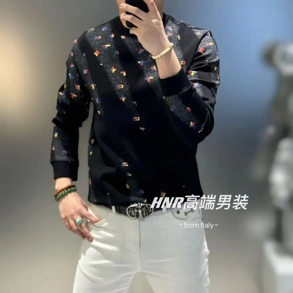 Korean Fashion Trend Autumn Winter New Men O-Neck Printing Patchwork High Street Casual Youth Long Sleeve Slim Sweatshirts Tops