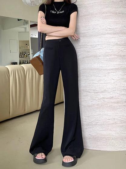 Black Elegant Casual Flare Pants Women Button Korean Style Fashion Long Pants Female High Waist Vintage Designer Pants 2023 New