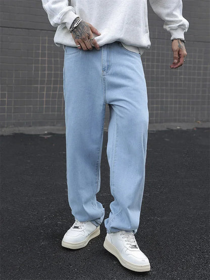 New Men's Cotton Baggy Y2K Jeans Fashion Male Clothes Elastic Waist Washed Wide Leg Pants Solid Straight Loose Denim Trousers