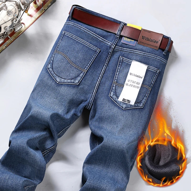 WTHINLEE Winter Thermal Warm  Fleece Thick Warm Men's Jeans Winter Stretch Straight Denim Plush Pants Classic Casual Trousers