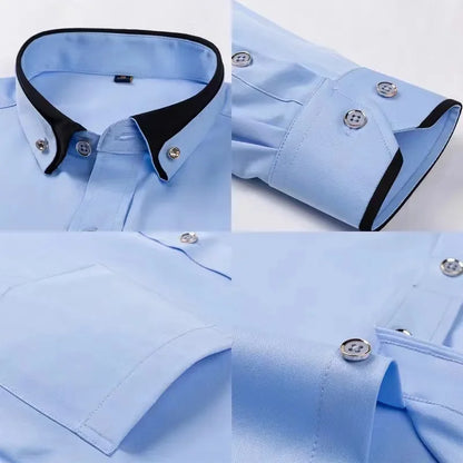 New Arrival Spring Men's Dress Shirt Long Sleeve Elastic Non-iron Youth Crysatal Button Up Patcework Collar Easy Care Formal Top