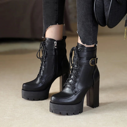 Fashion Platform Women Boots Square High Heel Ankle Boots Lace Up Zipper Motorcycle boots Autumn Winter Plush Ladies Shoes