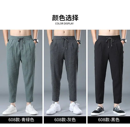 Spring Summer Men Cotton Hemp Ice Silk Pants Streetwear Fashion Male Basic Elastic Waist Loose Sports Straight Casual Trousers