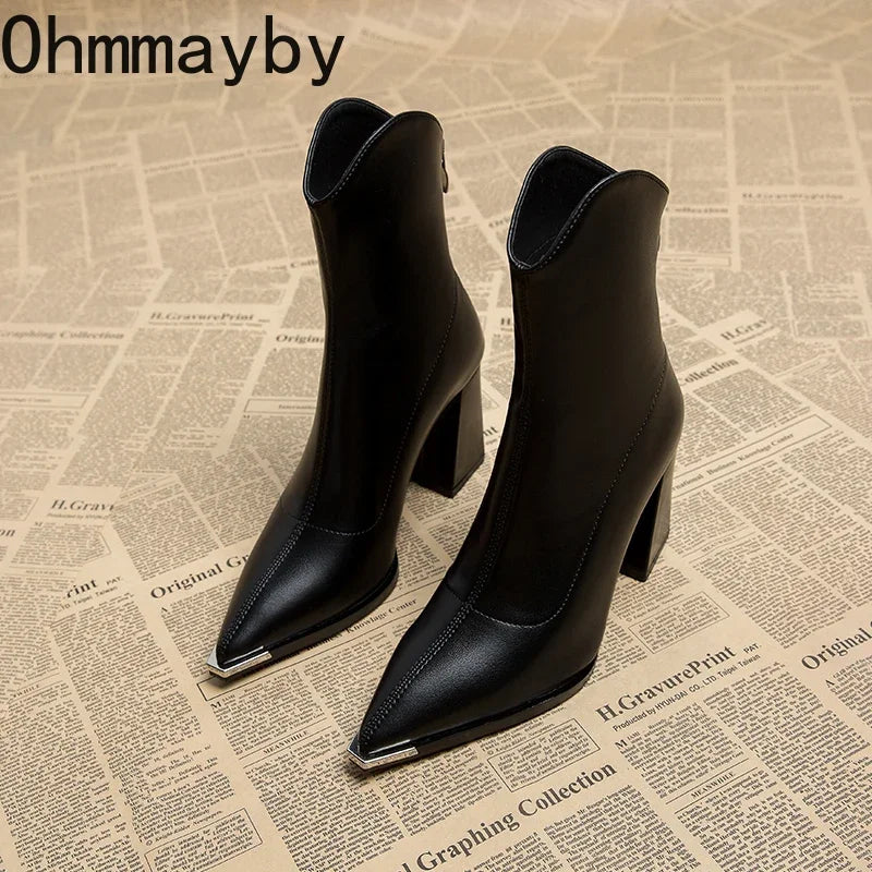 Designer Pointed Toe Women Modern Ankle Boots Square High Heels Short Booties Concise Office Lady Shoes