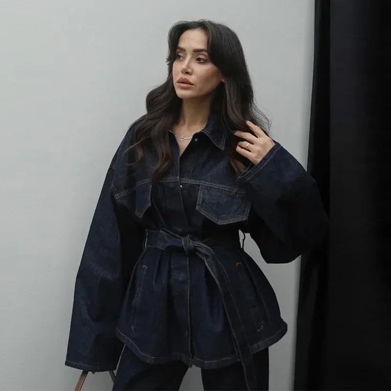 Vintage Belt Denim Jacket Pants Sets Women Lapel Single Breasted Lace Up Coat Straight Trousers 2025 Spring Loose Lady Outfits