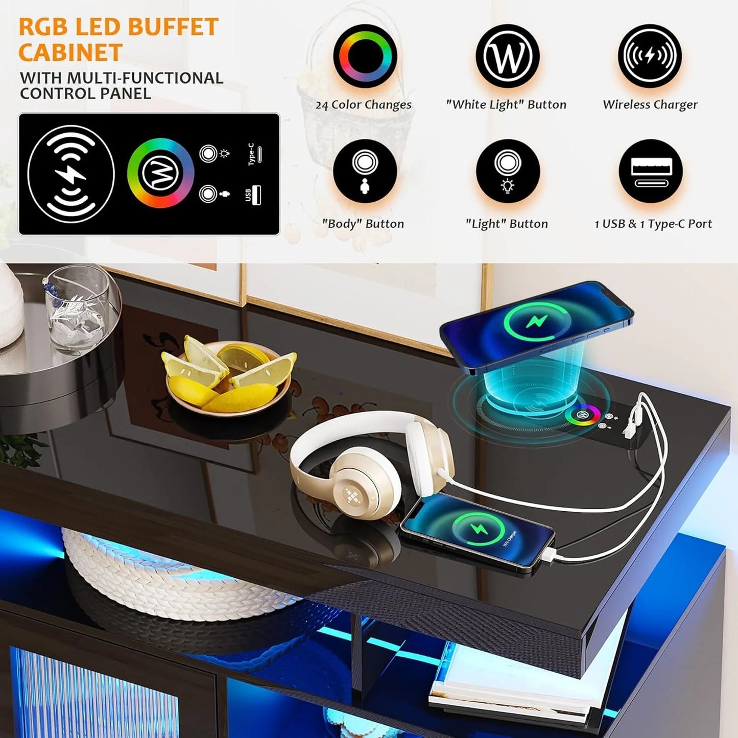 RGB LED Coffee Bar Cabinet with Auto Sensor Lights, High Gloss Sideboard Buffet Cabinet with USB/Type C/Wireless Charger