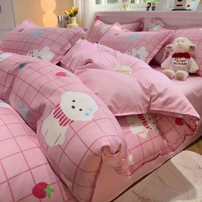 Kawaii Bedding Set for Kids Ins Twin Queen Size Duvet Cover Flat Sheet Pillowcase No Filler Girls Boys Home Totel Bed Linens