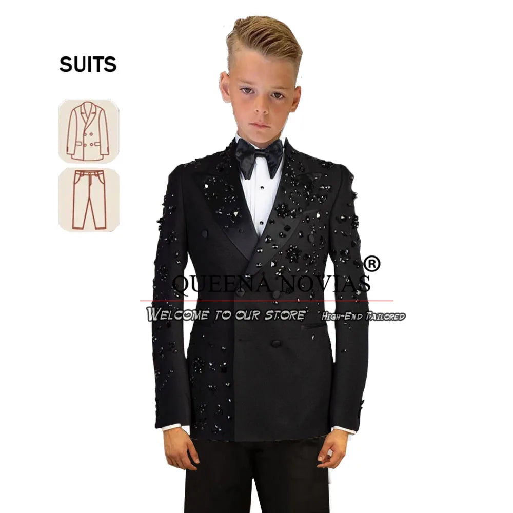 Luxury Boys' Attire Suits For Wedding Gemstone Beaded Jacket Pants 2 Pieces Kids Tuxedos Costume Enfant Garçon Mariage TAILORED