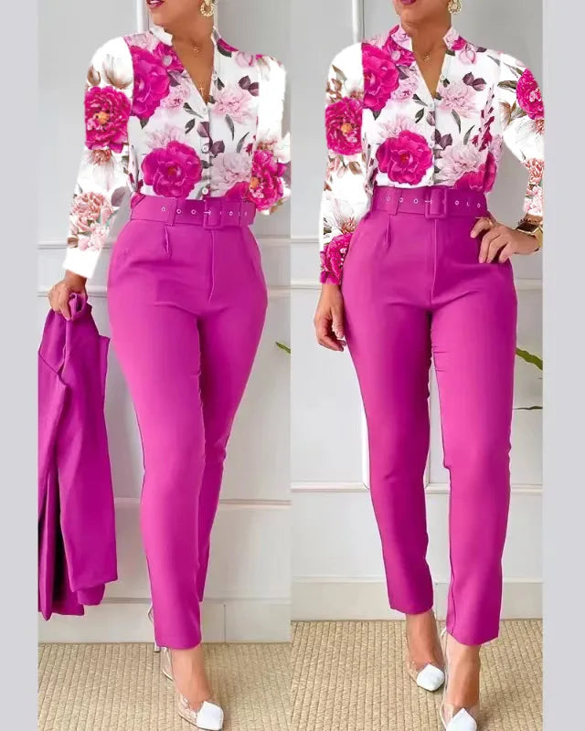 Elegant Women Two Piece Set Suits Fall New Fashion Print Long Sleeve Top Solid Color Pants Set With Belt  Blouses Female Clothes