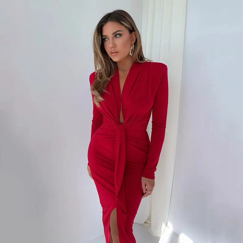 Women Sexy Split Ruched Dress Slim Long Sleeve Wrap Bodycon Dress Female Office Ladies Elegant Evening Dress Robe 2023 Autumn