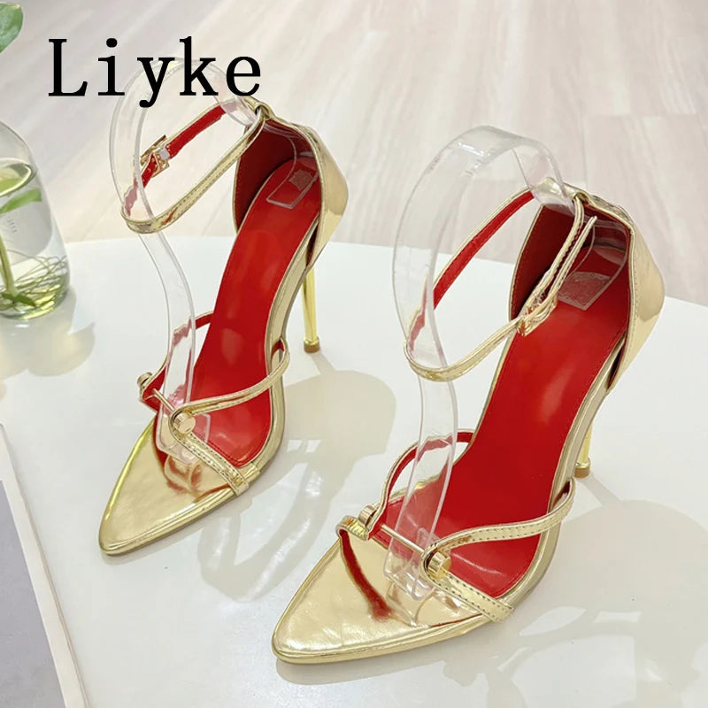 Liyke Fashion Design Metal Decoration Narrow Band Women Sandal High Heels Sexy Pointed Open Toe Wedding Banquet Shoes Size 35-41