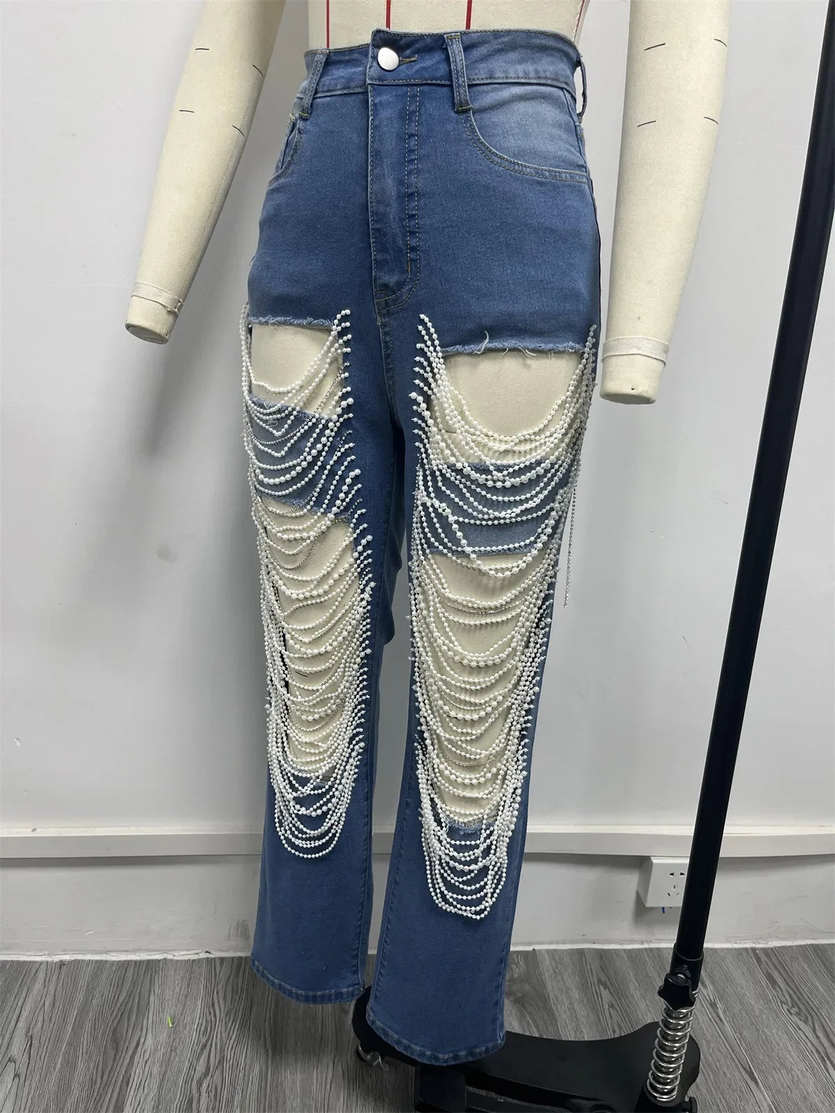 Spice Girl Summer Pants Ripped Heavy Industry Beaded Elastic Jeans Trousers Women JEANS