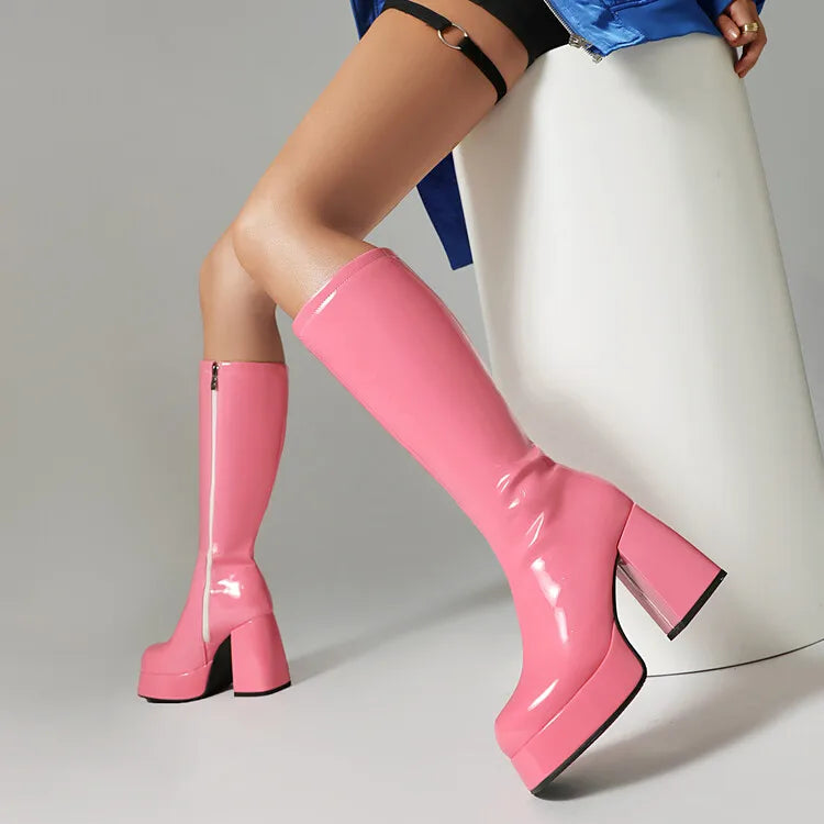 Purple Patent Leather Knee High Boots Waterproof Platform 10cm Thick Heel Bar Stage Boots 35-48  Zip Square Head Long Boots Side