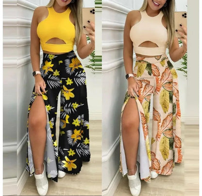 Two Piece Sets Womens Outifits 2024 Summer Print Temperament Sleeveless Slim Top & Casual High Waist Fashion Wide Leg Pants Set