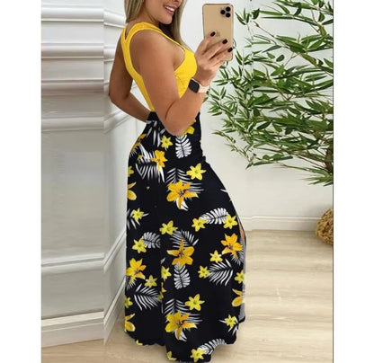 Two Piece Sets Womens Outifits 2024 Summer Print Temperament Sleeveless Slim Top & Casual High Waist Fashion Wide Leg Pants Set