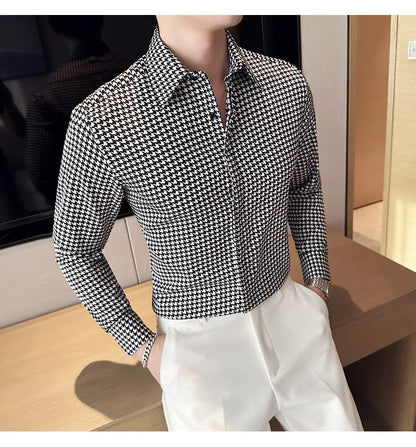 High Quality Vintage Houndstooth Long Sleeve Social Shirts For Men Clothing 2024 Business Slim Fit Casual Prom Tuxedo Non-Iron