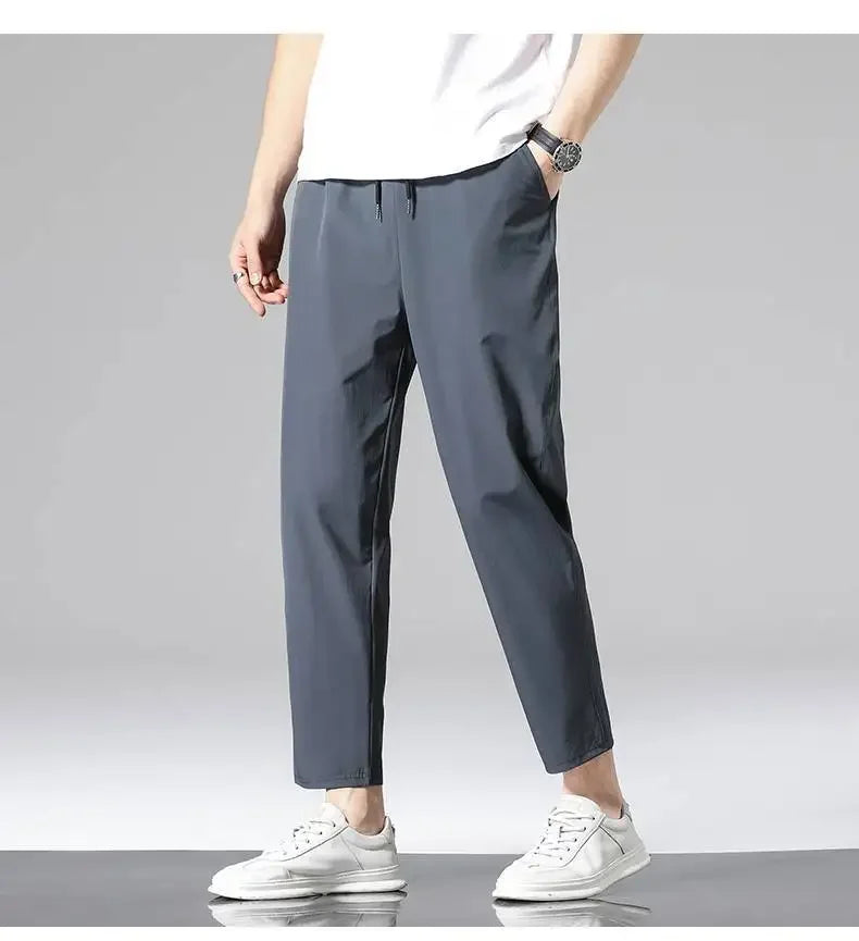 2022 New Men's Summer Ice Silk Versatile Casual Pants Thin Sports Trousers Straight Leg Nine Points Trousers For Men