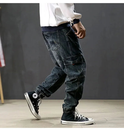 Street Fashion Men Jeans Retro Blue Printed Designer Big Pocket Casual Cargo Pants Hombre Hip Hop Joggers Men Loose Ripped Jeans