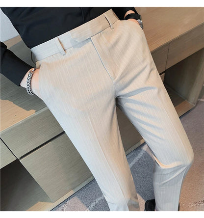 British Style Striped Slim Fit Suit Pant Men Business Casual Simple Dress Pants High Quality Social Wedding Party Trousers 38-28