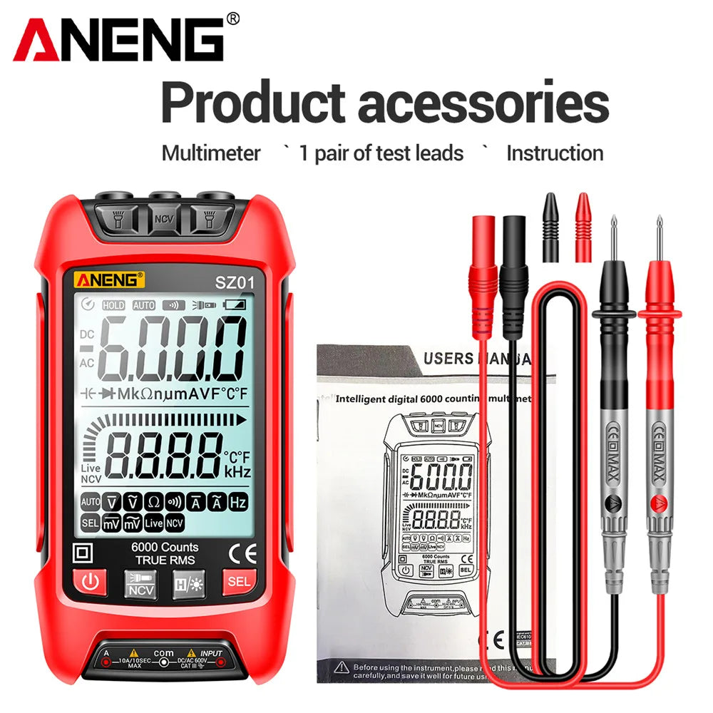 ANENG SZ02 Smart Digital Multimeter 6000 Counts True RMS Auto Electrical Capacitance Meter Temp Resistance Transistor Testers