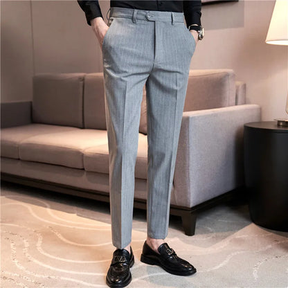 Autumn Winter Thickened Striped Suit Pant Men Business Slim Fit Long Pants Formal Office Social Party Casual Pants Streetwear